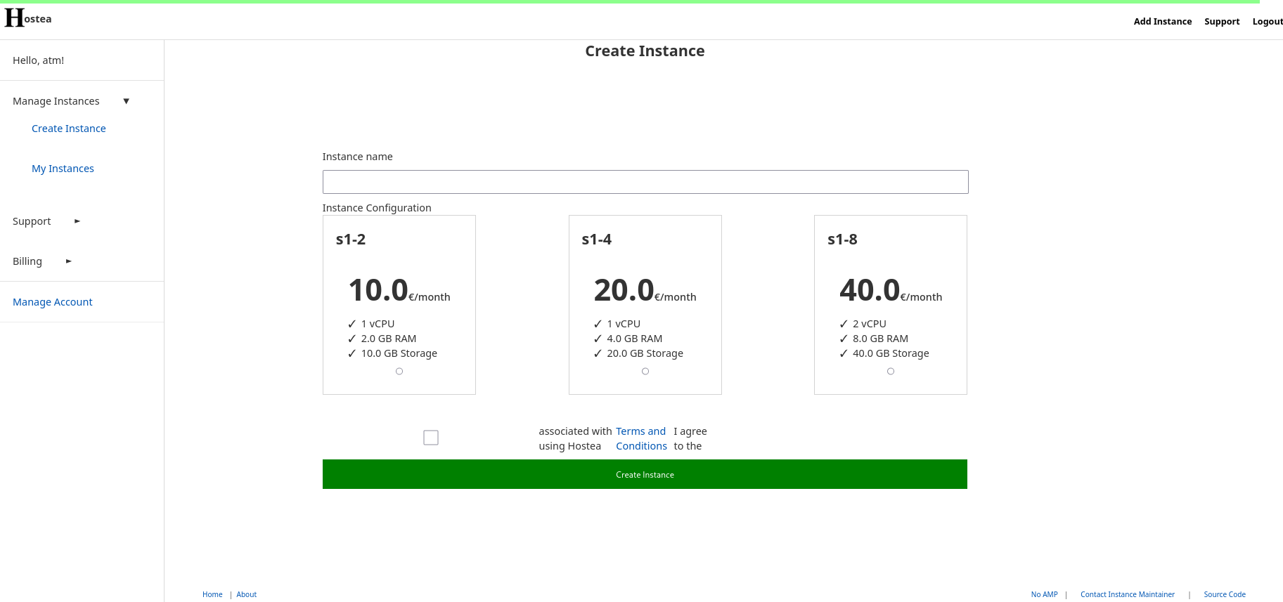 Hostea instance creation form with a new check box for confirming that the user has read and agrees to the Hostea ToS